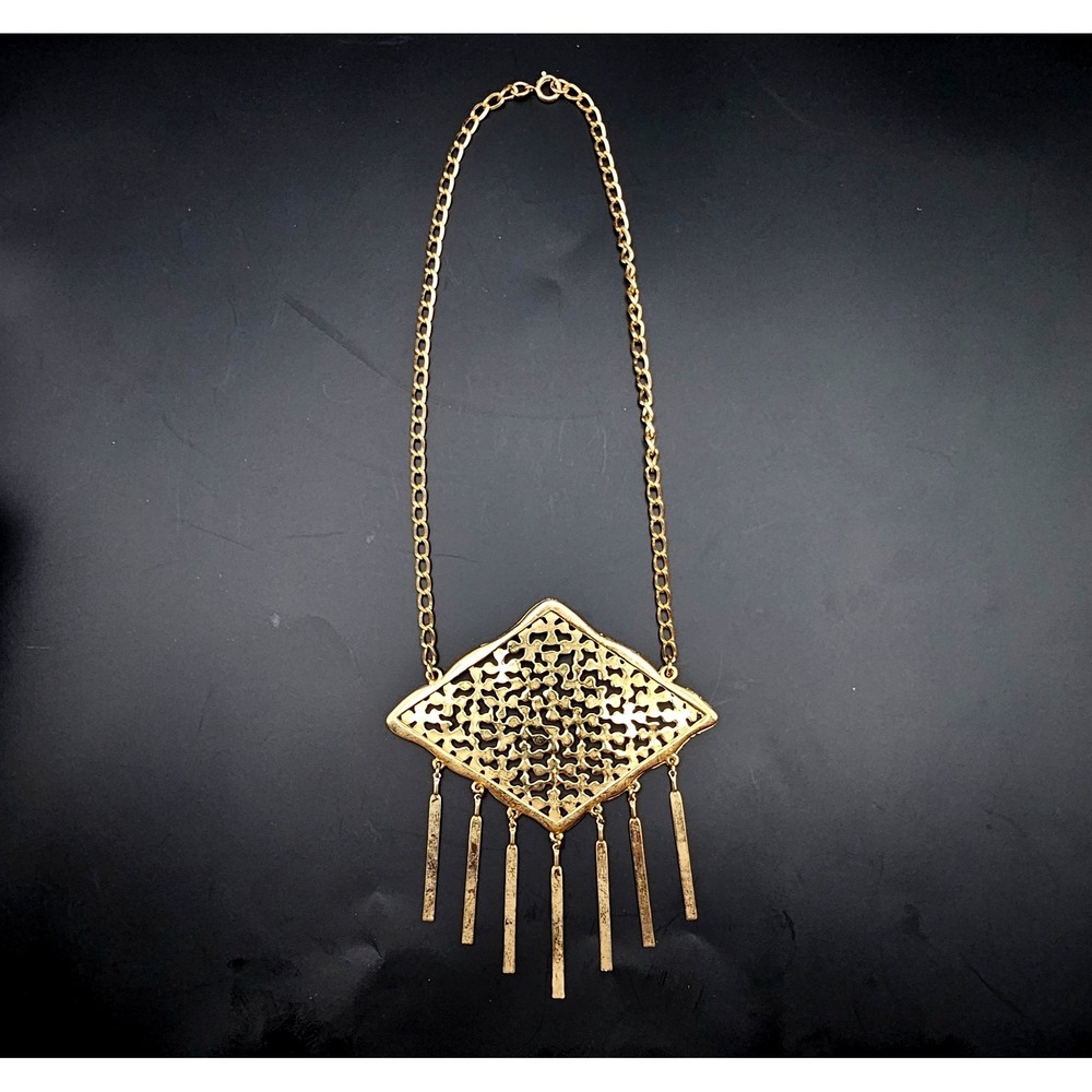 Vintage Large Statement Etruscan Style Necklace Fringe Tassel Gold Tone 20"